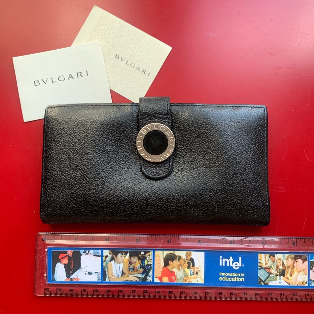 Bvlgari B-Zero Long Wallet Black Pebbled Leather with Round Metal Accent EUC